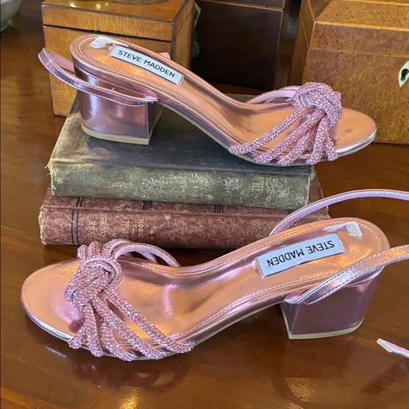 Steve Madden Ilyse Heeled Sandal Pink Metallic Leather Rhinestone - Picture 4 of 8